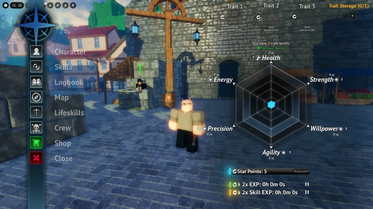 Grand Blue character screen open on Trait Storage with reroll slots visible