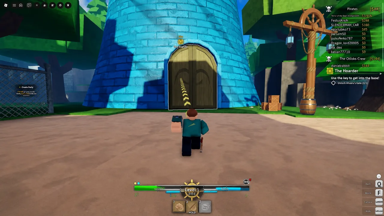 Player approaching an arched base gate with the quest objective to unlock it using a key