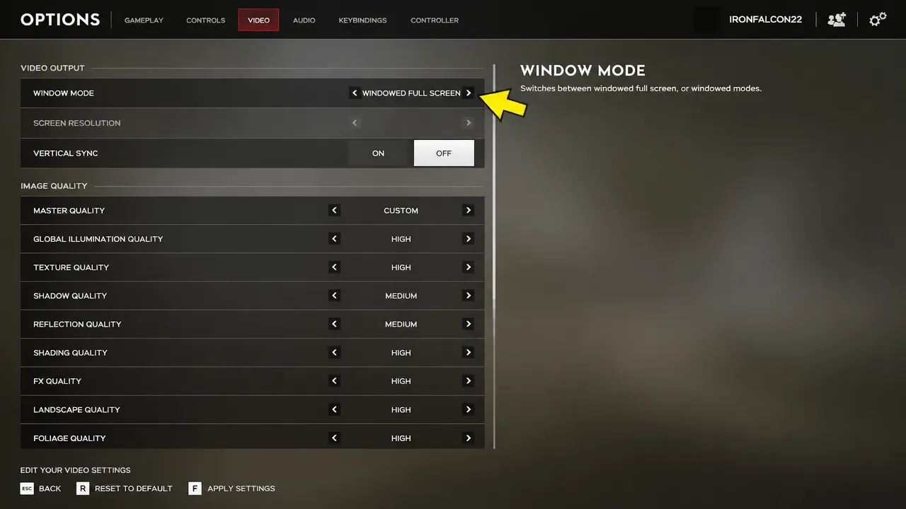 Video options tab showing the Window Mode selector