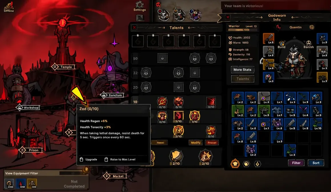 Talents menu with the Zod talent tooltip highlighted, showing its bonuses and upgrade options