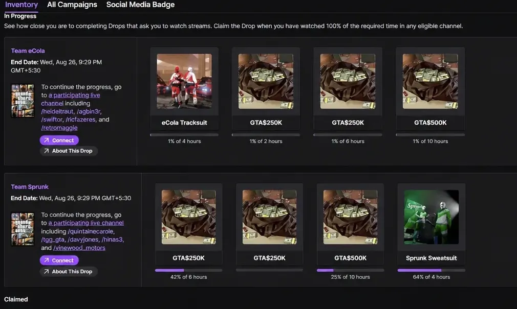 Twitch Drops Inventory showing GTA$ and eCola and Sprunk rewards in progress with Connect buttons