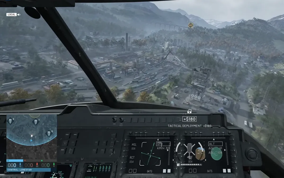 Cockpit view showing a Tactical Deployment reward of plus $180 over the Control Zone
