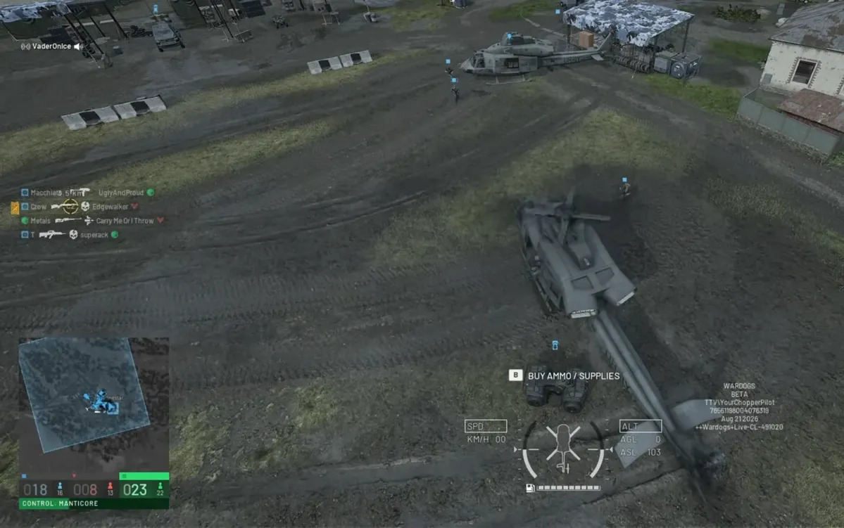 Vehicle HUD showing the BUY AMMO / SUPPLIES prompt near a resupply point