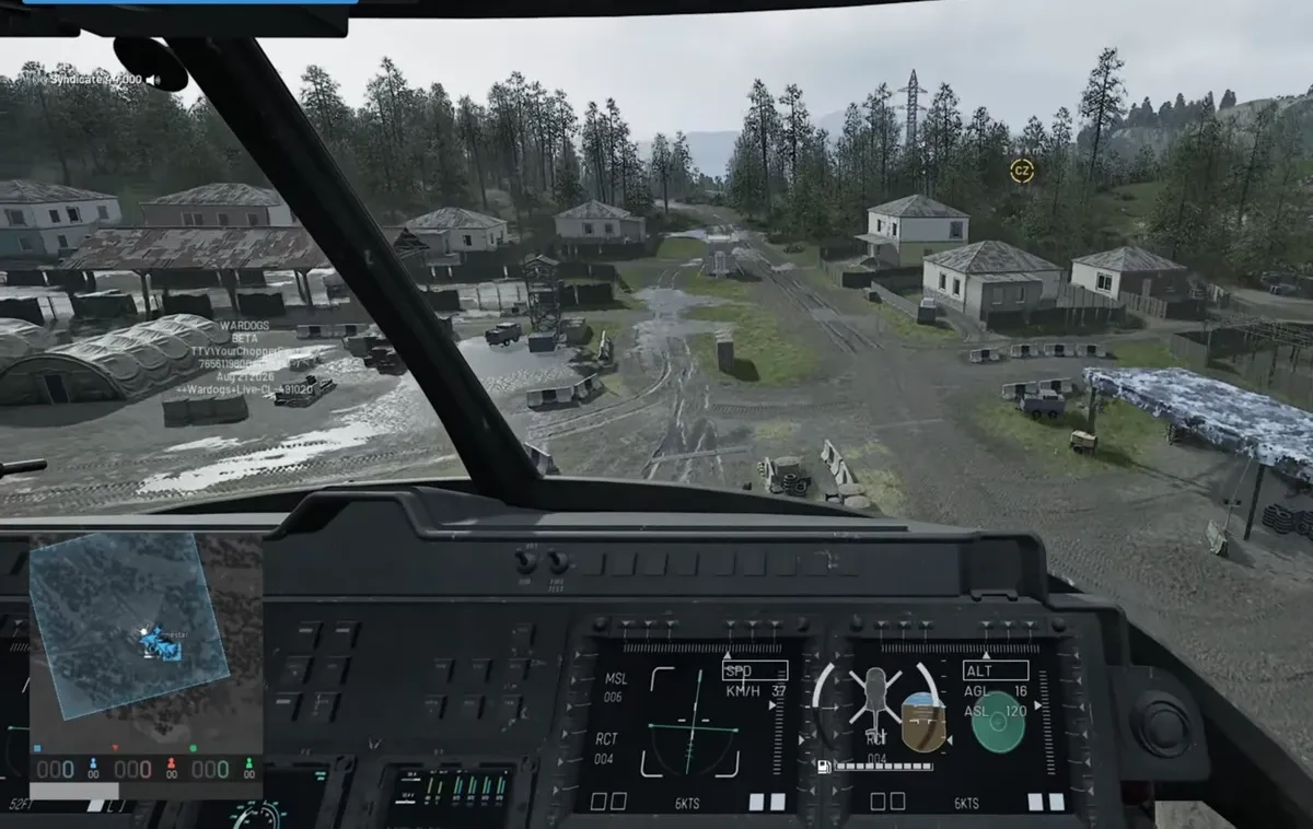 Helicopter cockpit HUD showing altitude and speed while flying over a village