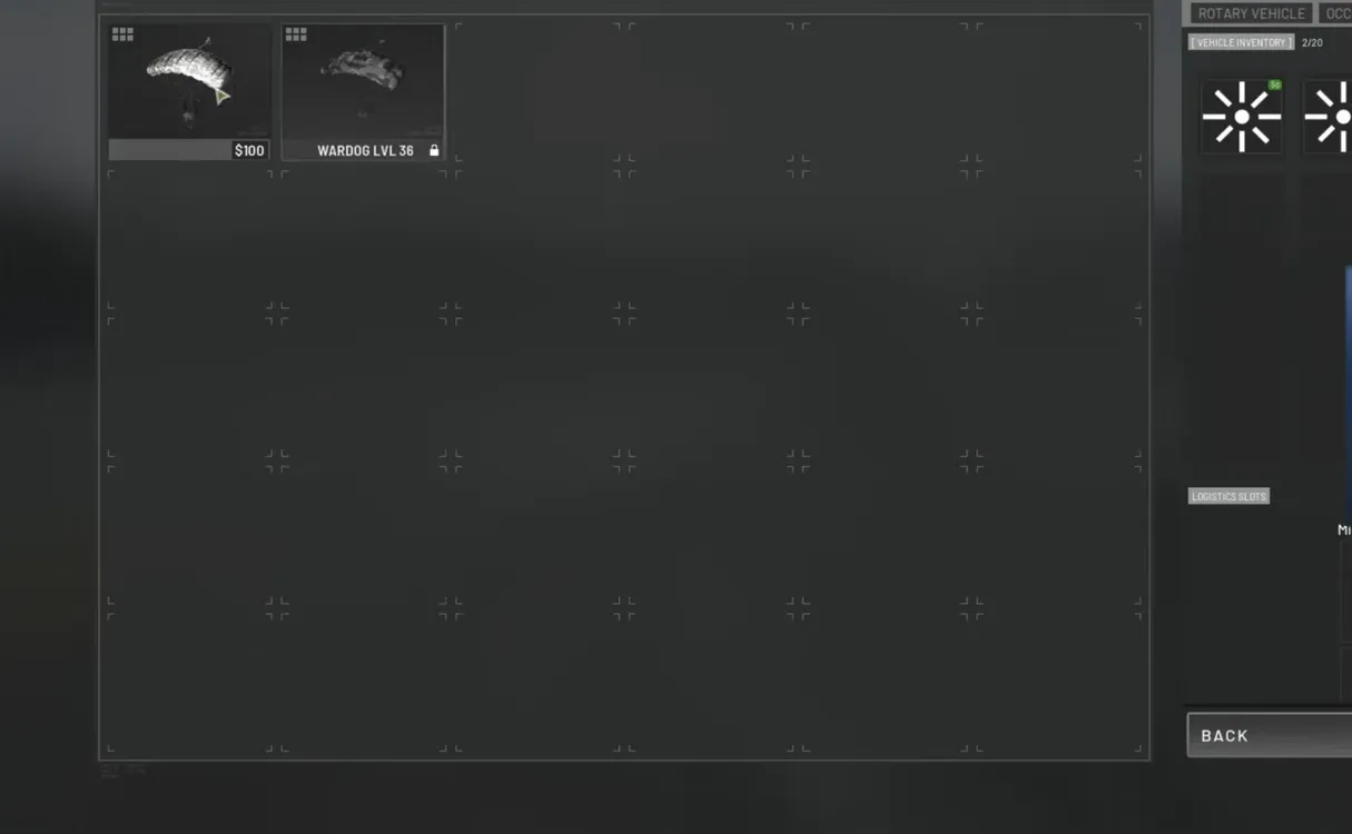 Garage Vendor inventory with the $100 Basic Parachute highlighted for the UH-1Y