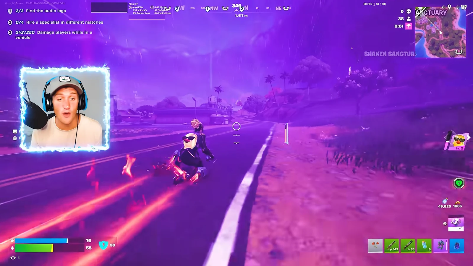 Player riding along a road through the storm at Shaken Sanctuary during a vehicle quest