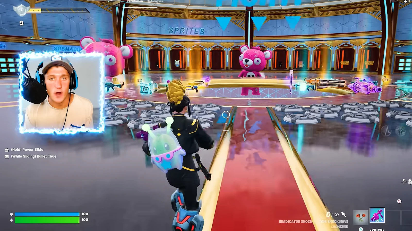 Player advancing through a Sprites room with a shockwave launcher toward a central weapon display