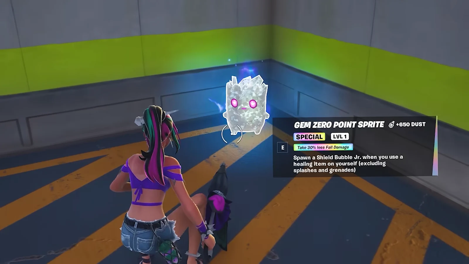 Gem Zero Point Sprite pickup panel open with the E prompt to collect it for +650 Dust
