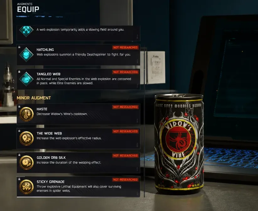 Widow's Wine augment menu with the Haste minor augment selected for research