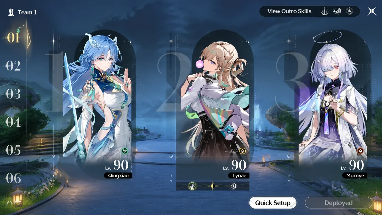 Team deployment screen with the Quick Setup option highlighted while arranging the three-character lineup