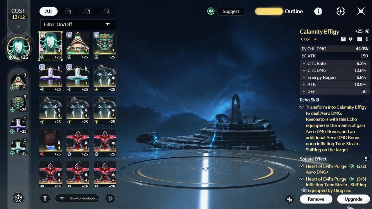 Calamity Effigy Echo entry with its Aero damage bonus listed in the Echo menu