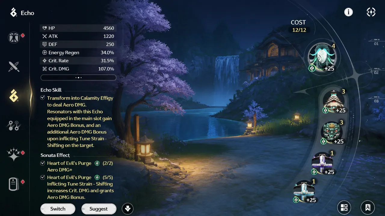 Echo loadout screen showing the selected Echo's stats and Sonata Effect details