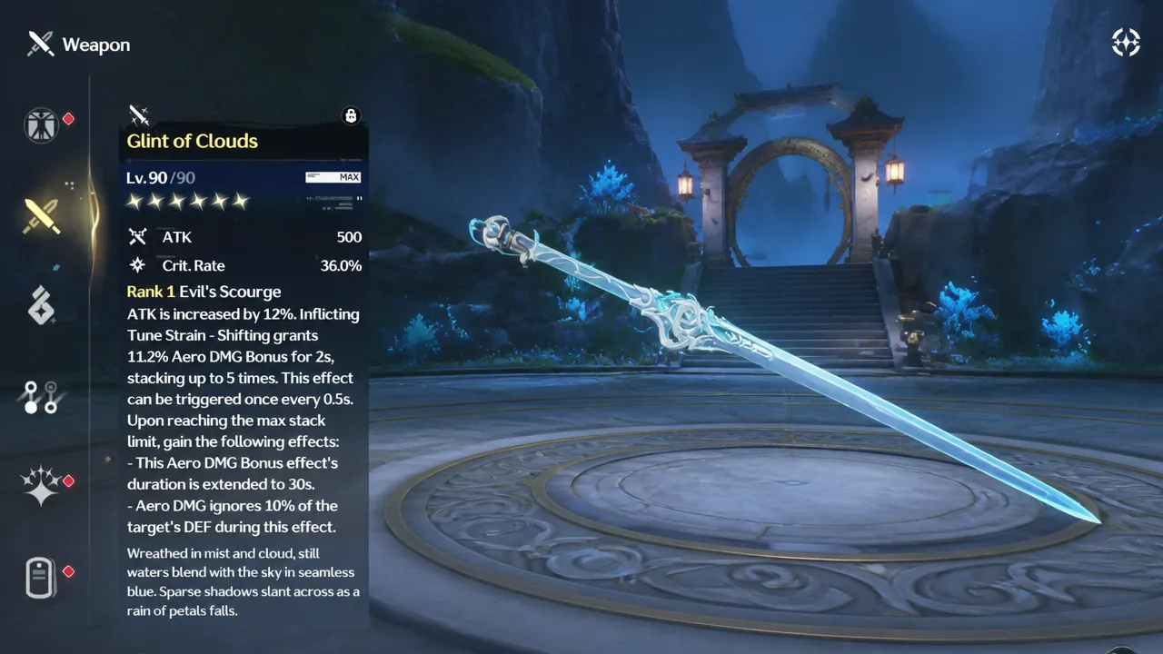 Glint of Clouds weapon detail page showing its level, base stats, and Rank 1 passive
