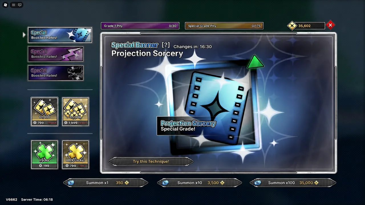 Projection Sorcery Special Banner screen showing boosted summon rates before a pull