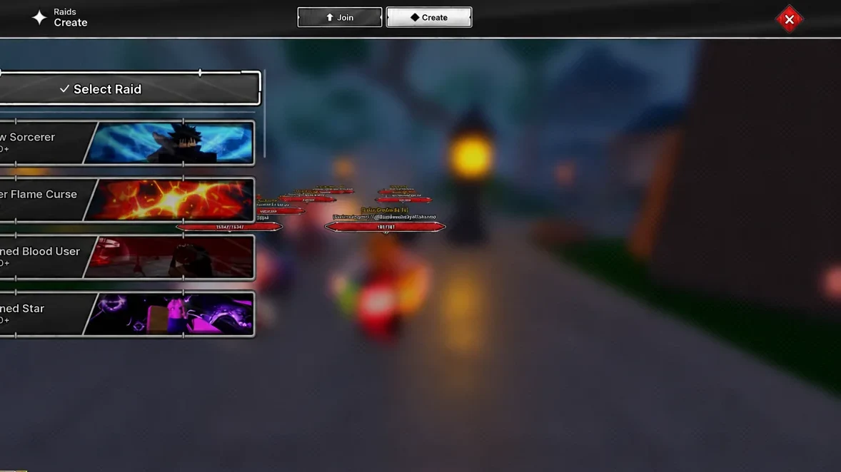 Select Raid menu listing Shadow Sorcerer, Disaster Flame Curse, Awakened Blood User, and Awakened Star
