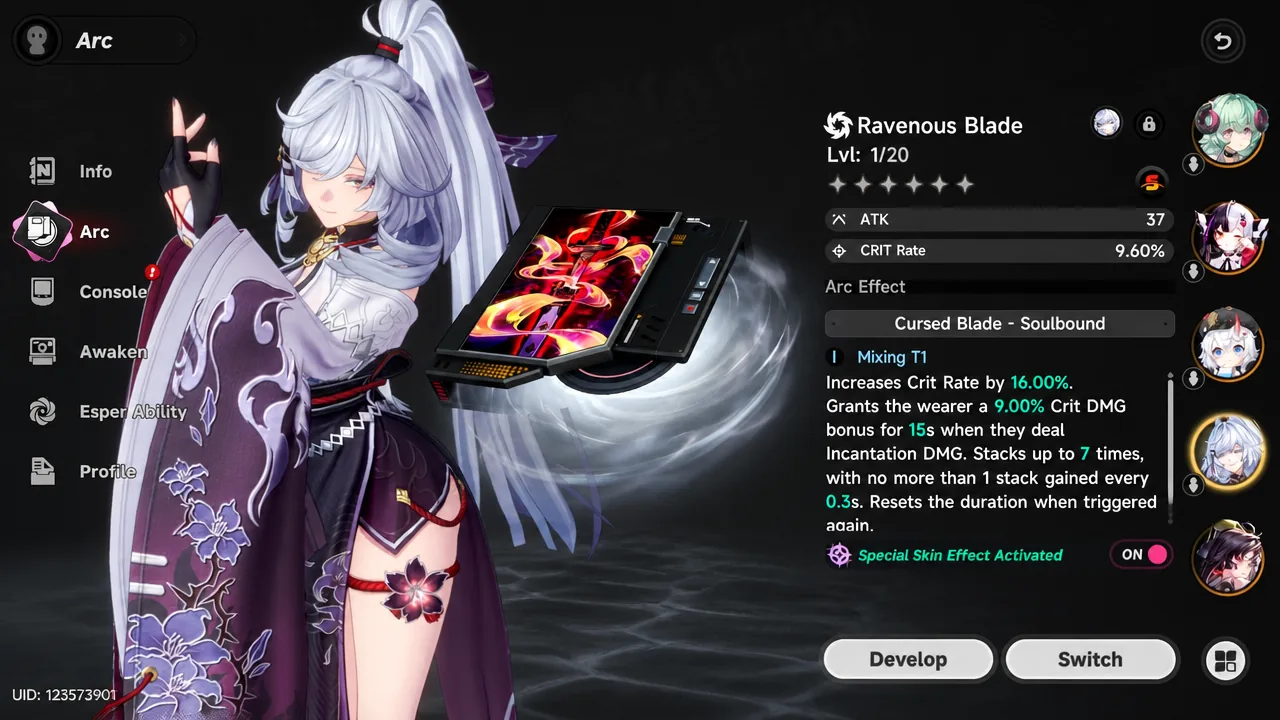 Ravenous Blade selected on the Arc screen, showing its stats and passive effect