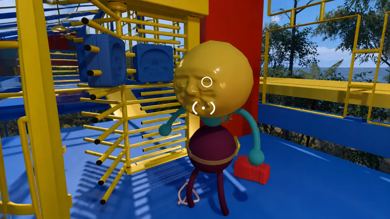 First-person view aiming at a character beside yellow climbing equipment