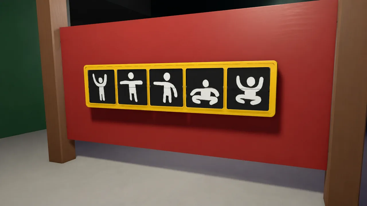 A yellow five-panel pose-sequence puzzle showing figures moving from standing to crouching