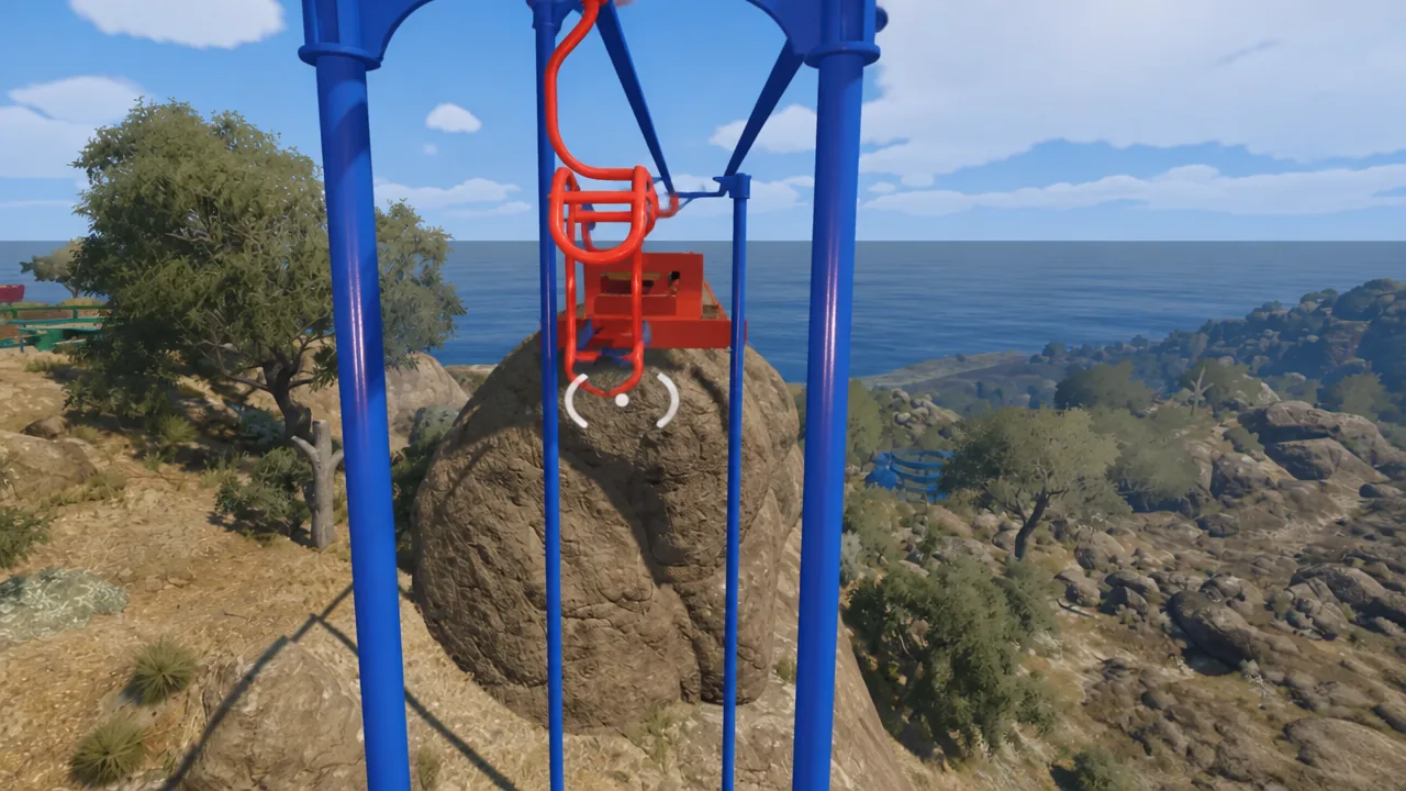 A red zipline handle centered with a circular interaction indicator above a rocky coastline