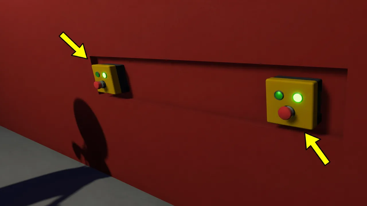 Two yellow wall panels with red buttons and green lights inside the waiting room shack