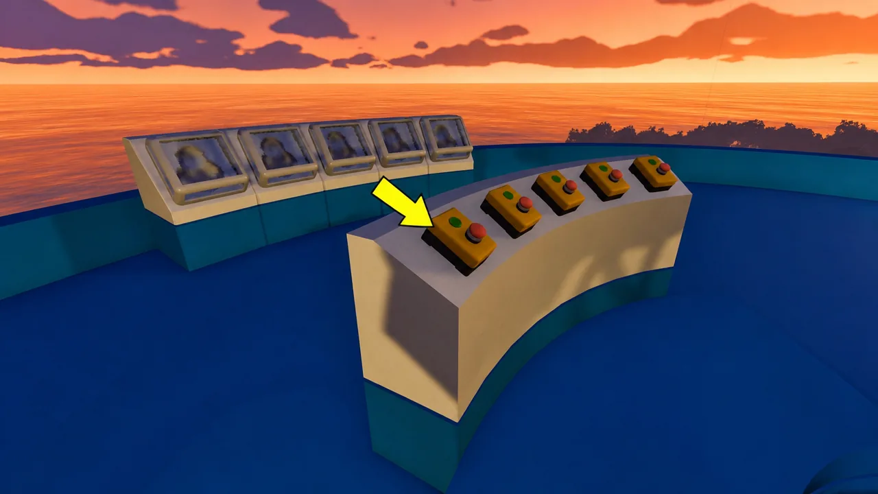 Yellow arrow pointing at the leftmost red button on the curved Blue Tower control console