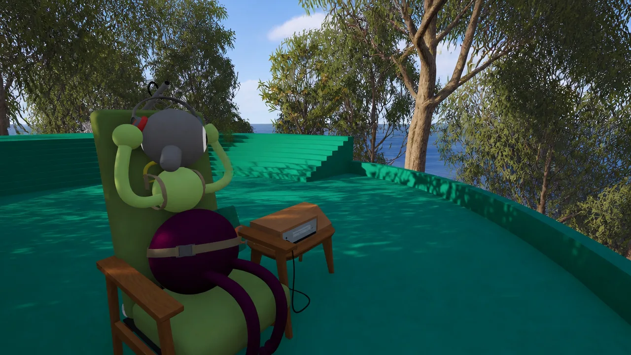Player sitting in the green chair with headphones overlooking the shoreline in Big Walk