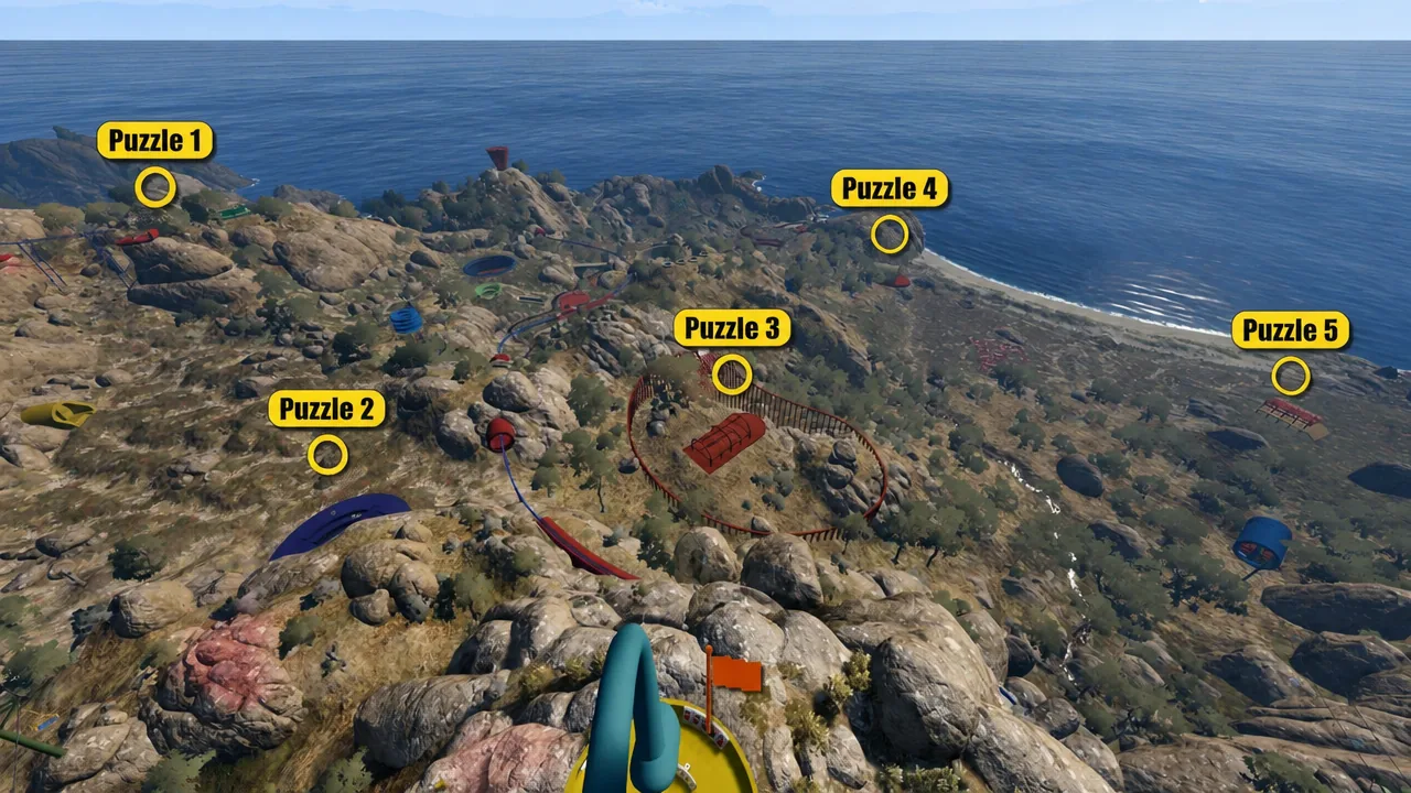 Aerial map view marking the five Yellow Tower puzzle locations across the coastal park