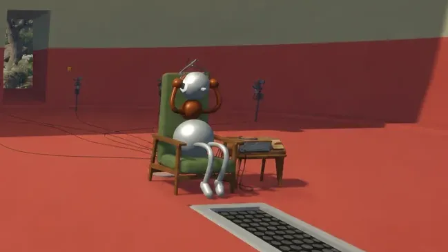 A seated robot at a workbench beside a conveyor belt inside a red circular room