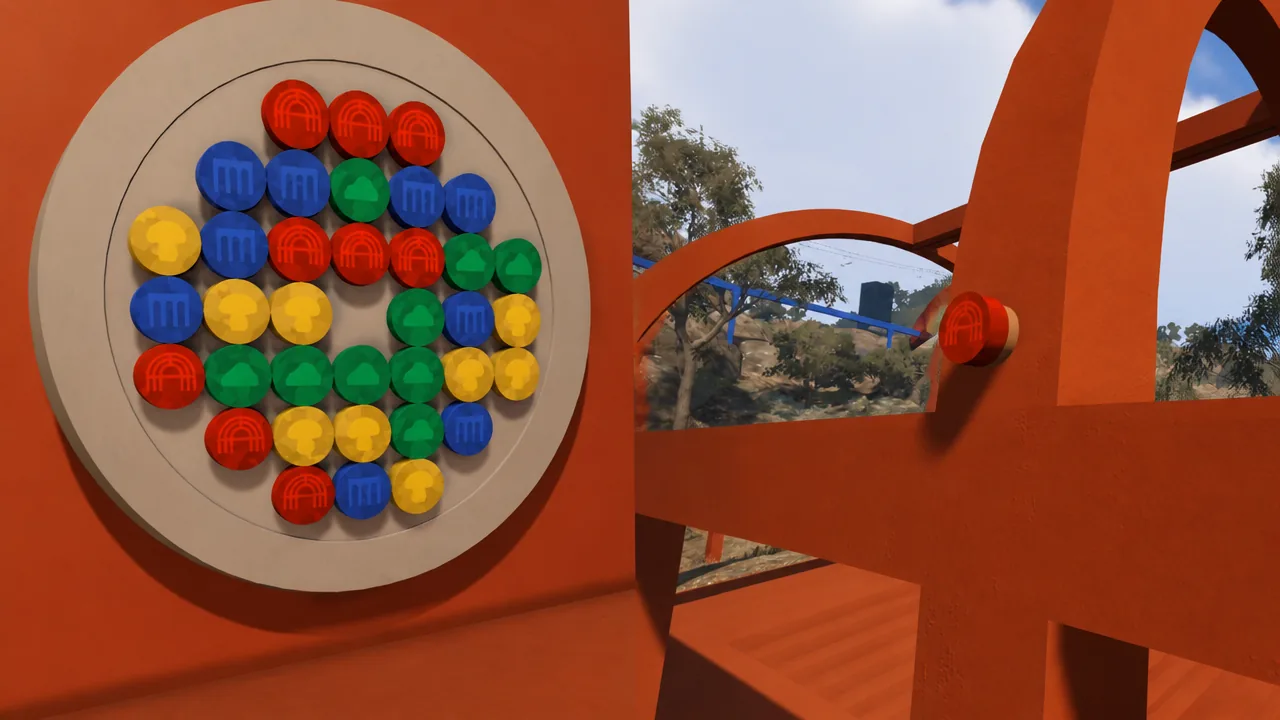 The circular colored-token board with a red wall token as a player slots pieces in
