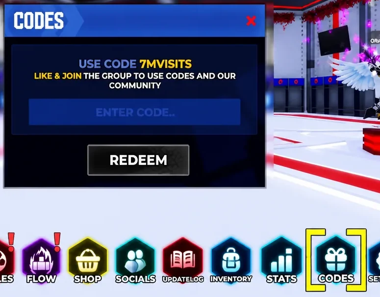 Codes menu with the enter code field and redeem button in BL:R RECREATION