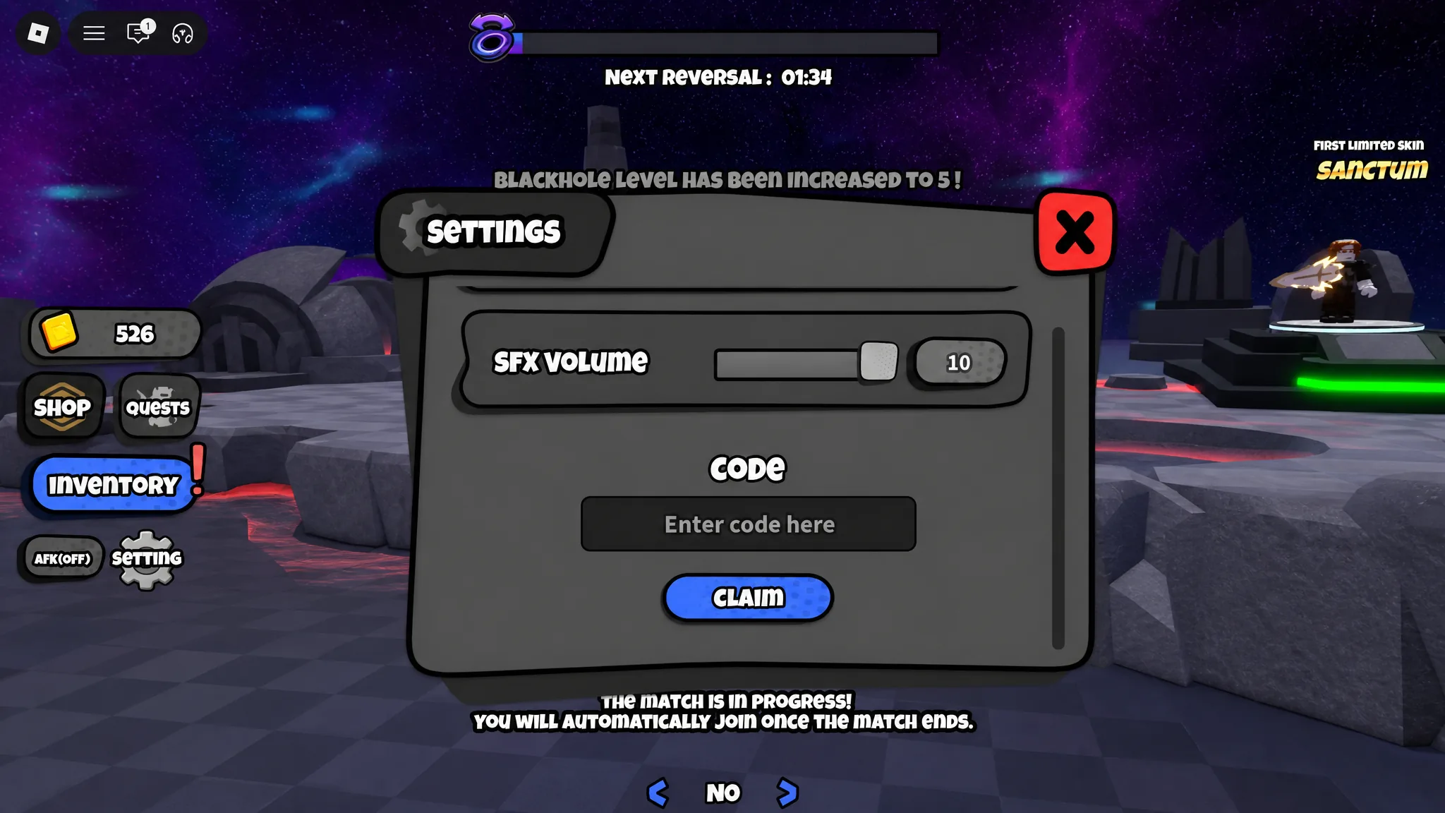Blackhole Rush the codes tab