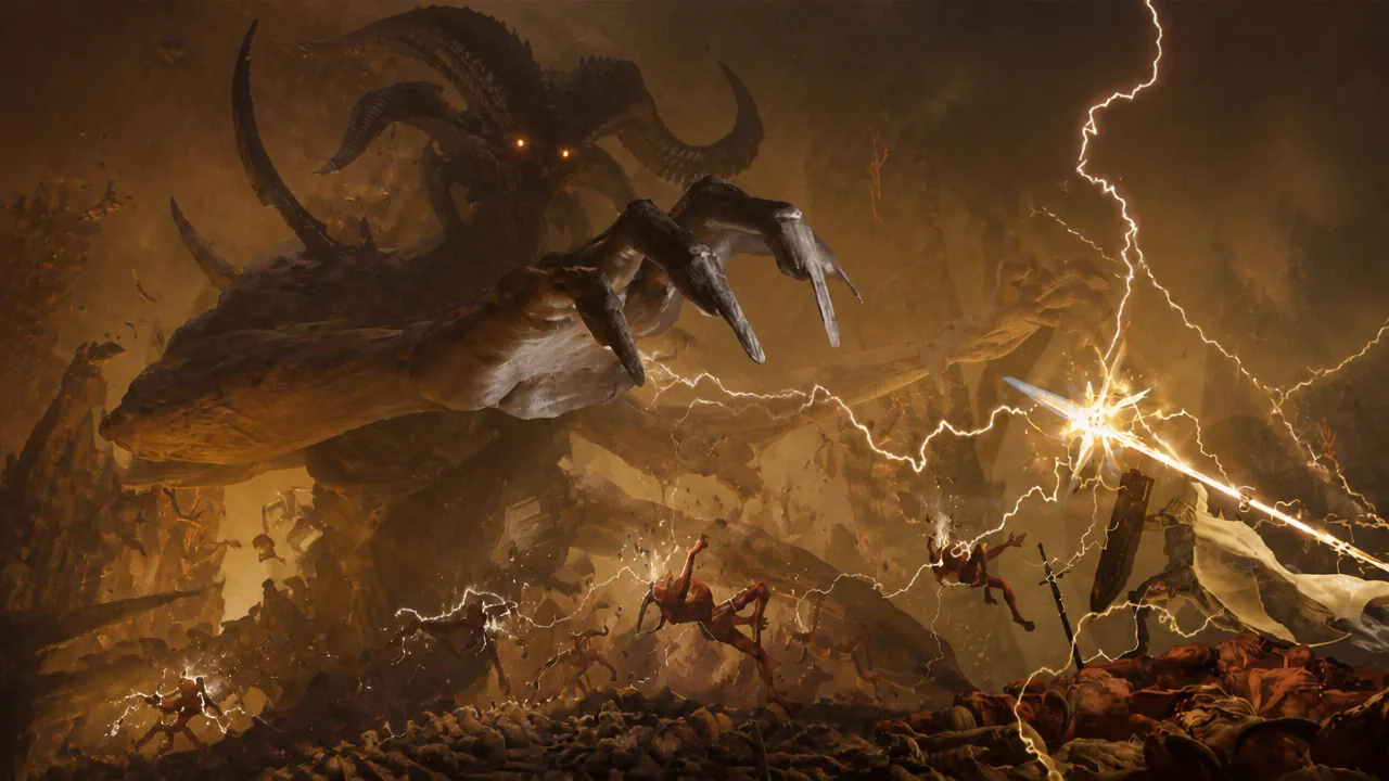 Blizzard's Diablo 4: Lord of Hatred screenshot, featuring the demon Mephisto in a hellish background with his jobbers on the field