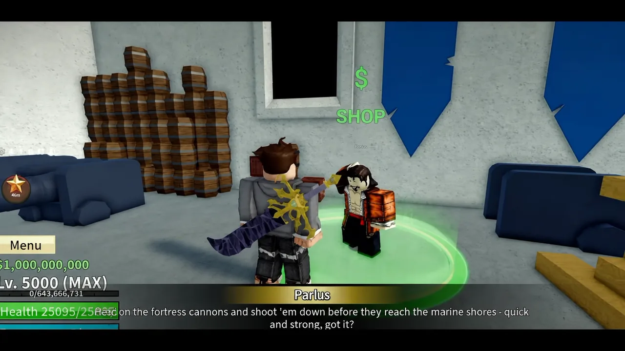 SHOP prompt highlighted above the NPC Parlus as a player walks up to him