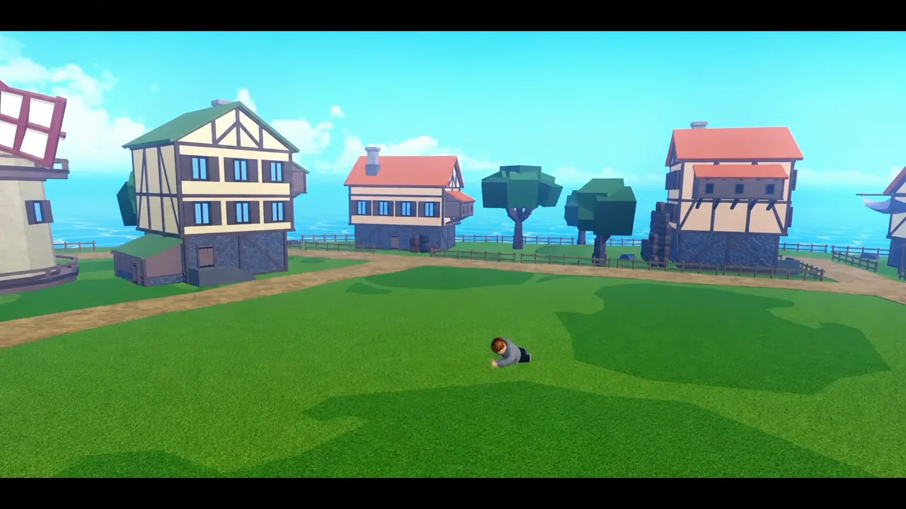 Blox Fruits player character lying prone on a grassy field in the reworked Sea 1