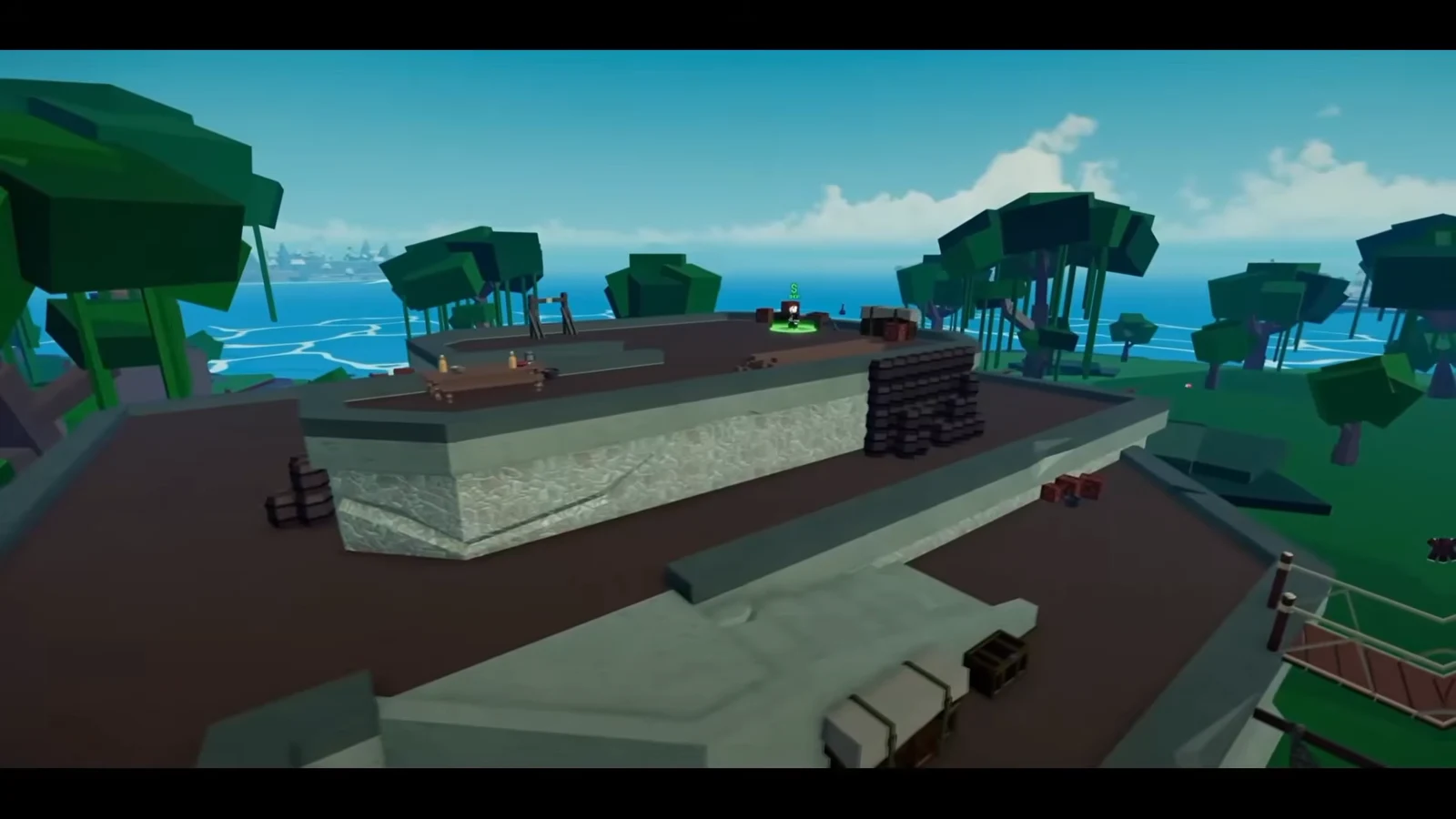 Player standing on a rooftop next to a green dollar-sign vendor marker in Blox Fruits