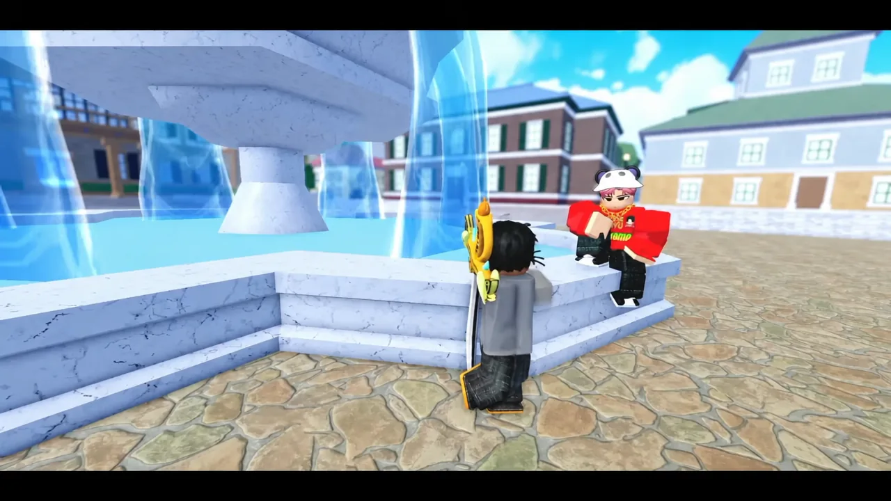 Two Roblox avatars standing beside a fountain in a Blox Fruits teaser scene