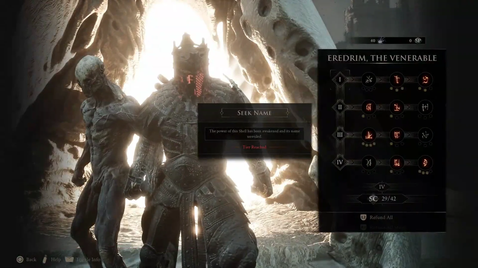 Eredrim skill tree with the Seek Name notification confirming a new tier was reached
