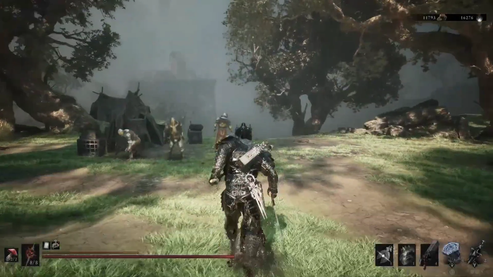Eredrim advancing on a group of enemies gathered around a tented camp
