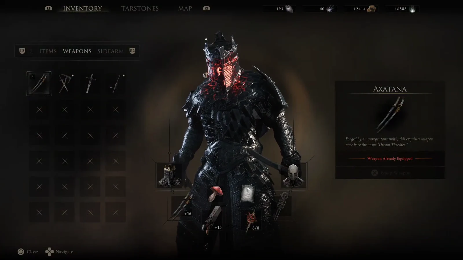 Weapons inventory screen highlighting the Axatana with its description and equipped status
