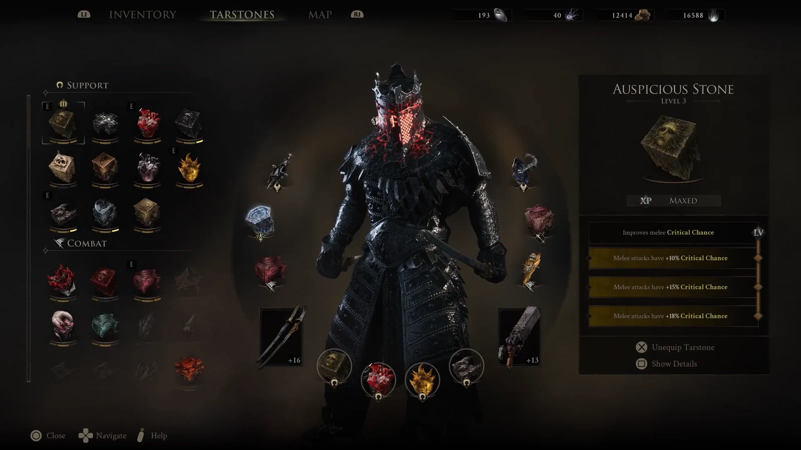 Tarstones menu showing the Auspicious Stone at Level 3 with its critical-chance upgrade details
