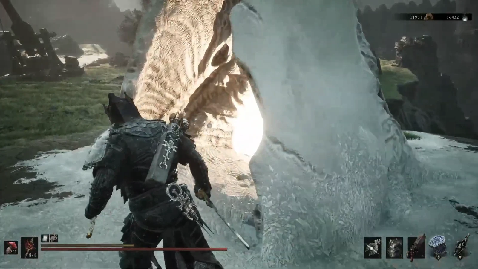 Eredrim attacking a large icy creature beside a frozen tree in combat