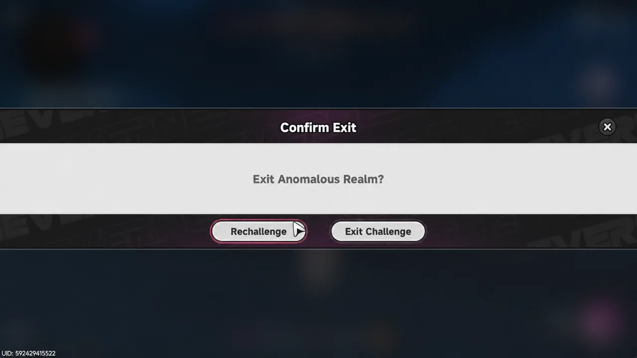 Confirm Exit dialog in an Anomalous Realm challenge with Rechallenge highlighted