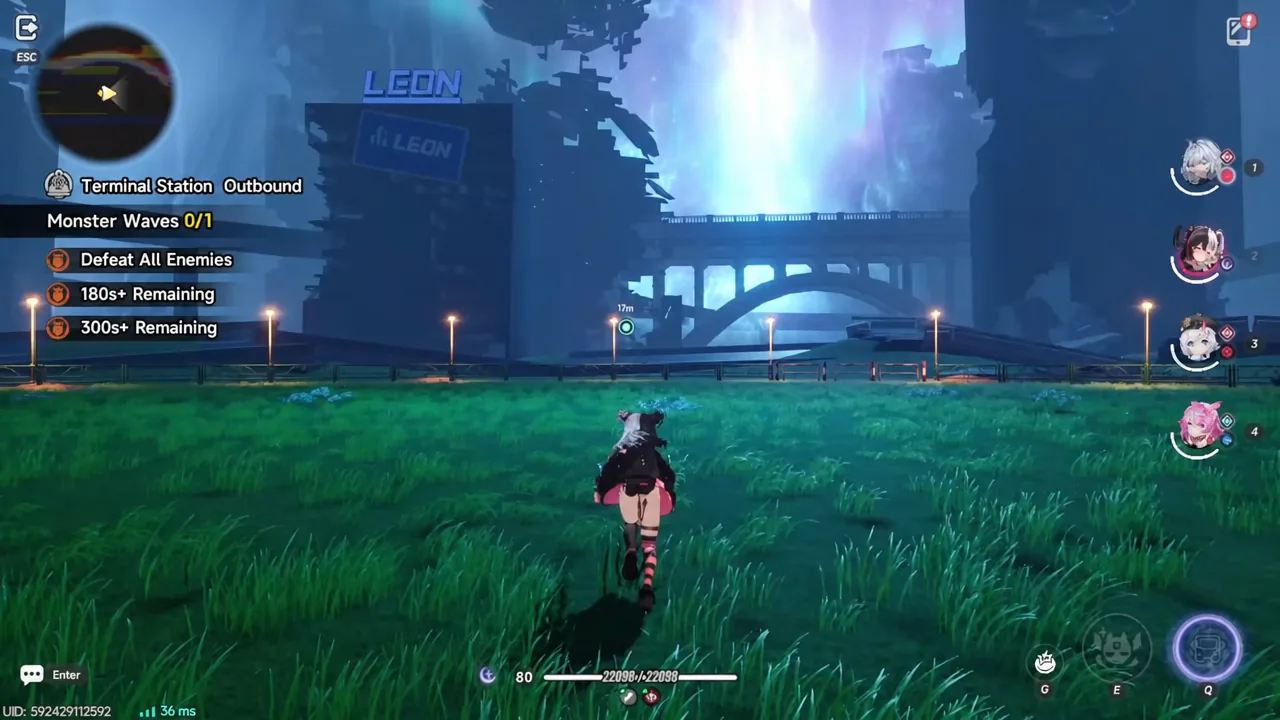 Player running toward a 17m waypoint in Terminal Station Outbound with Monster Waves objectives active