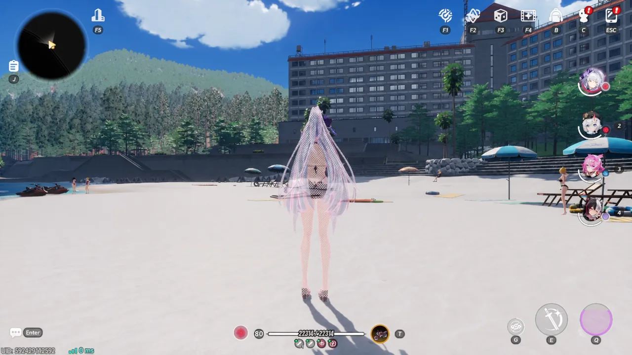 Beach exploration in Neverness to Everness with HUD, minimap, party portraits, and ability icons visible