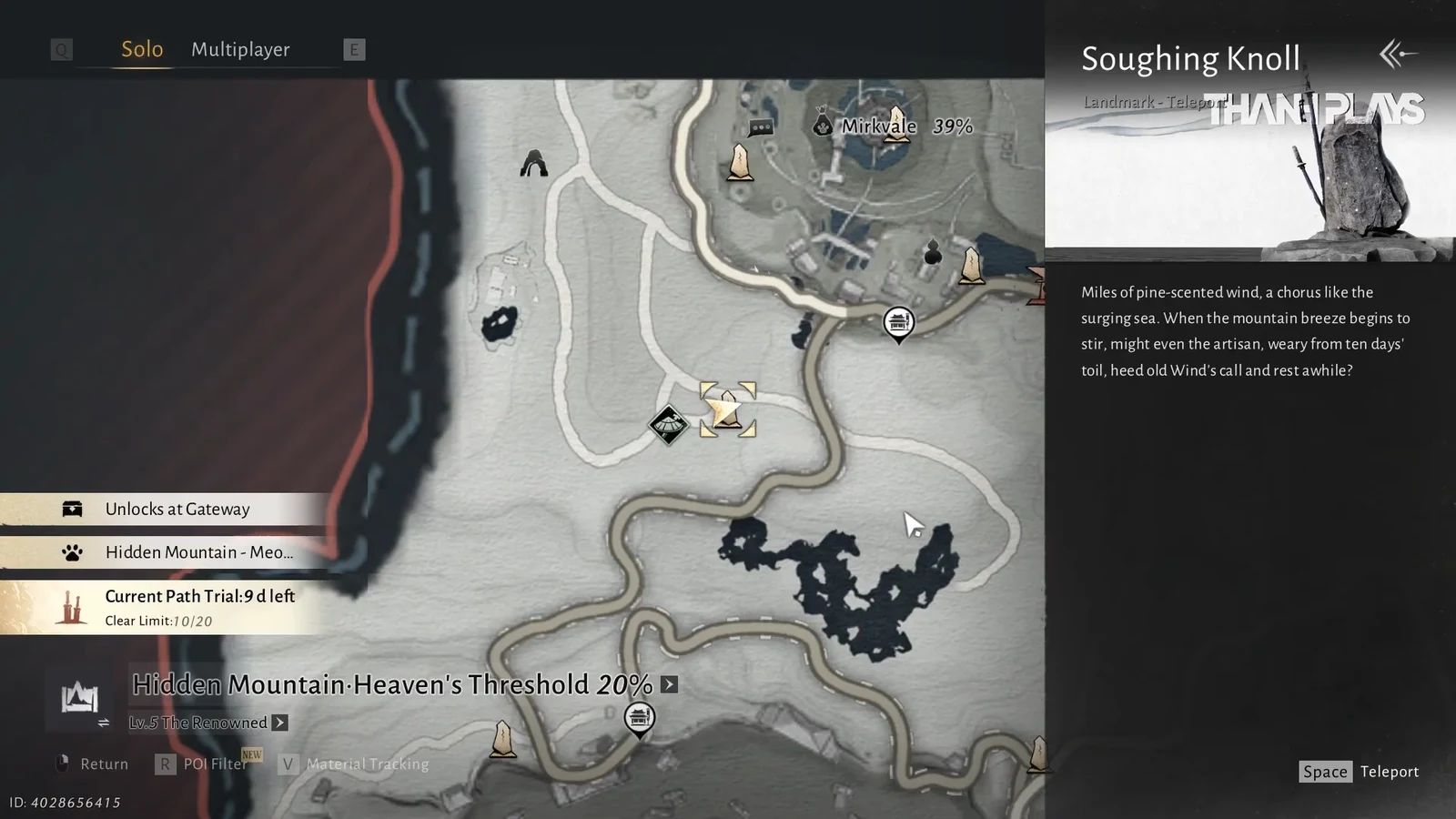 World map with a knoll landmark selected and a Space prompt to teleport