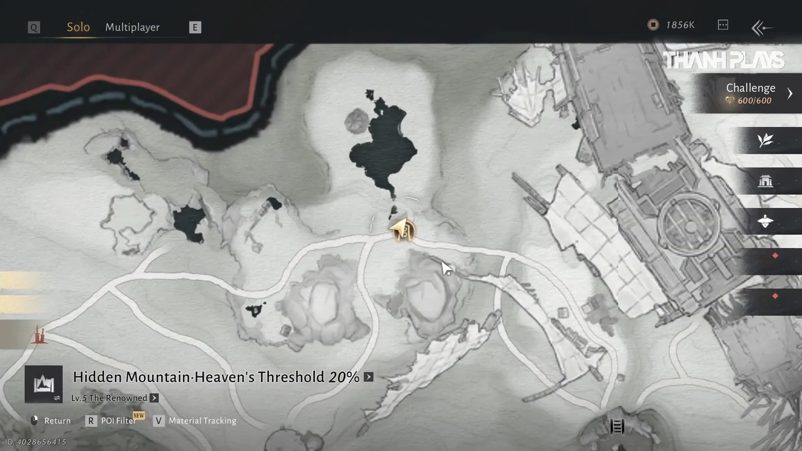 Solo world map with Hidden Mountain Heaven's Threshold selected at 20 percent