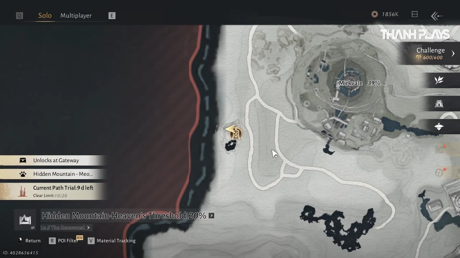 Solo map of Hidden Mountain Heaven's Threshold at 20 percent with a Path Trial timer