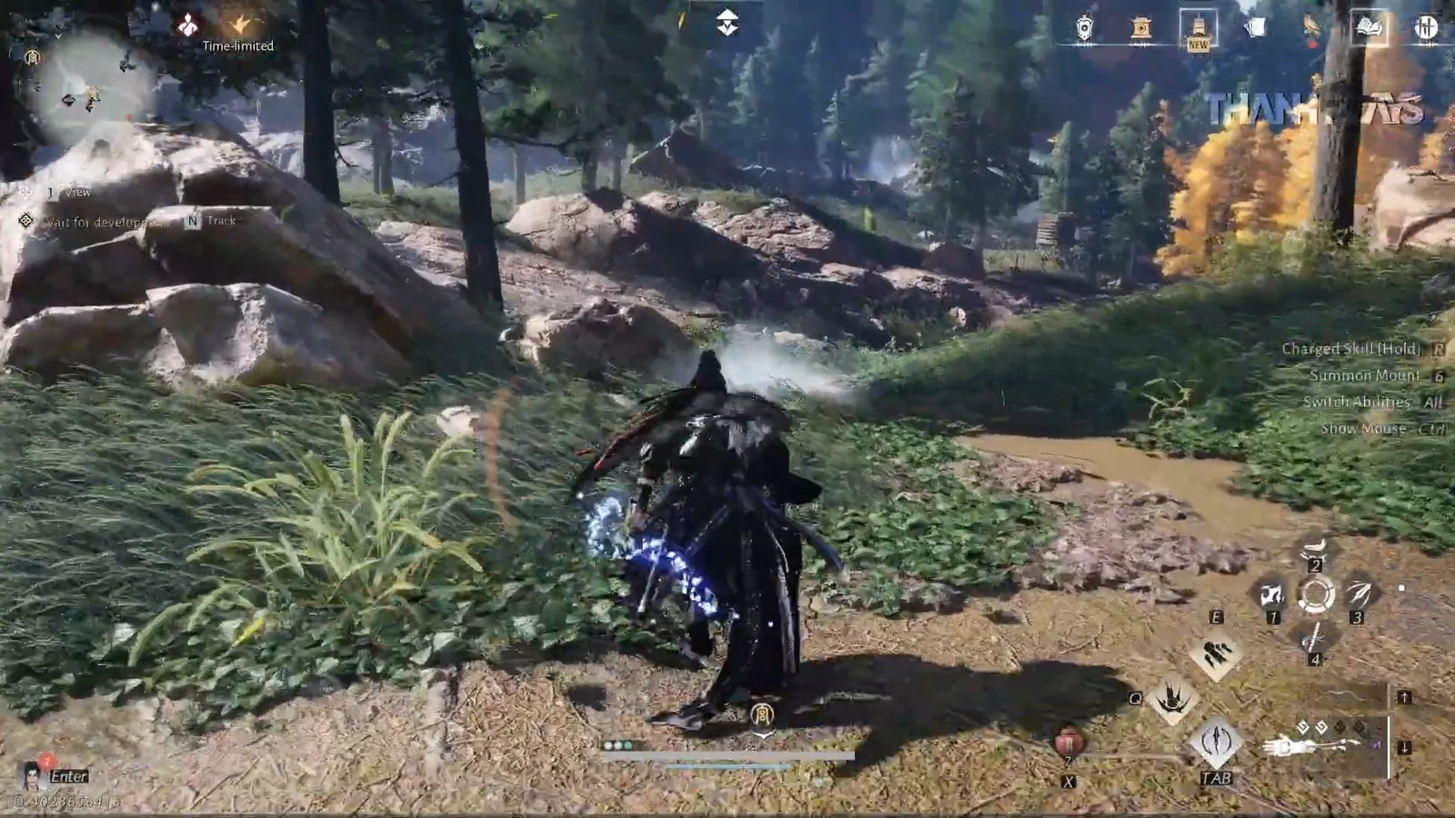 Player in a forest clearing with the Wait for developments objective on screen