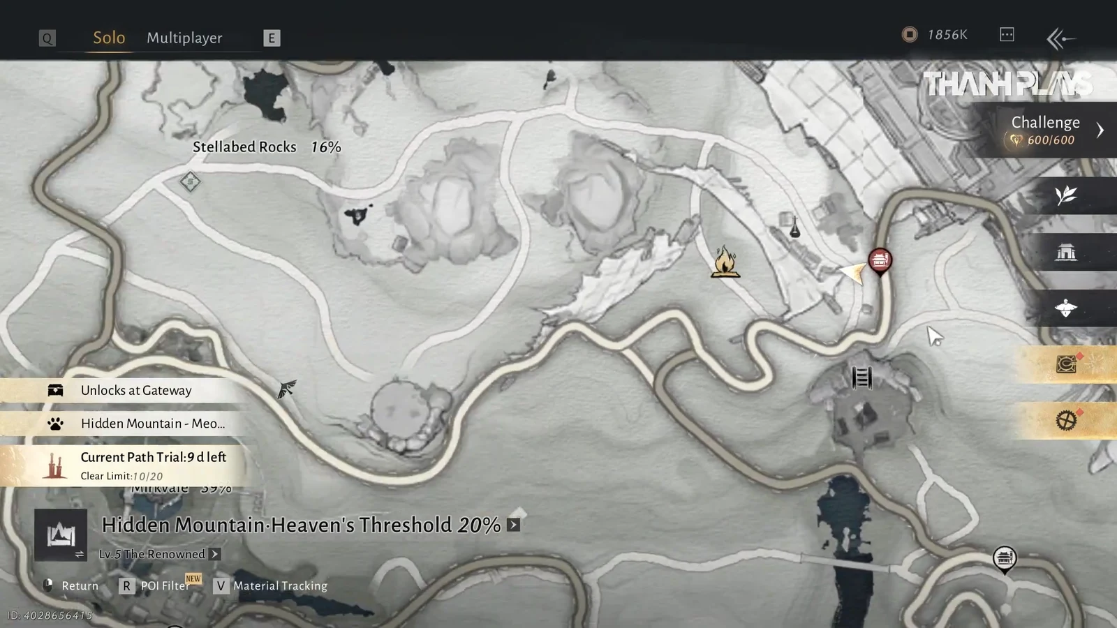 Heaven's Threshold map showing completion, level, Path Trial, and filter options