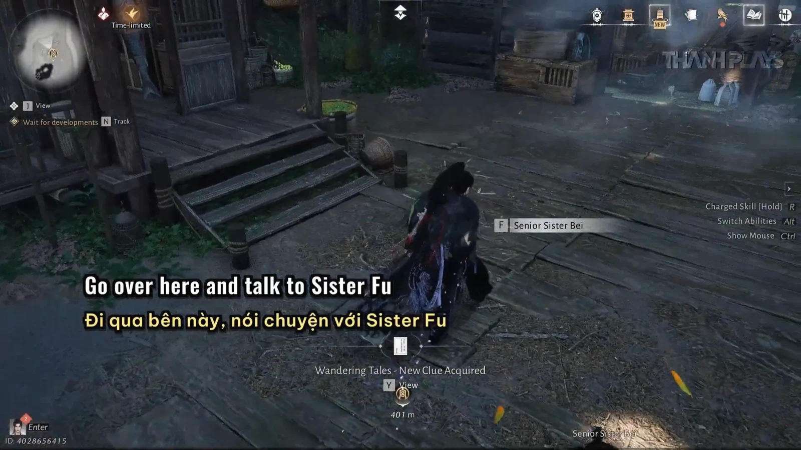 Senior Sister Bei prompt with the F key to talk and advance Wandering Tales